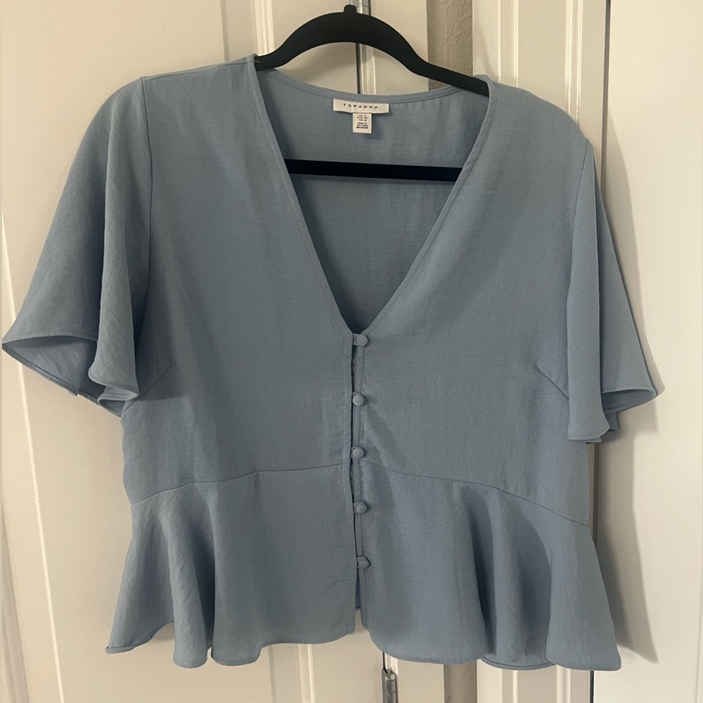 Topshop blue peplum blouse with flutter sleeves